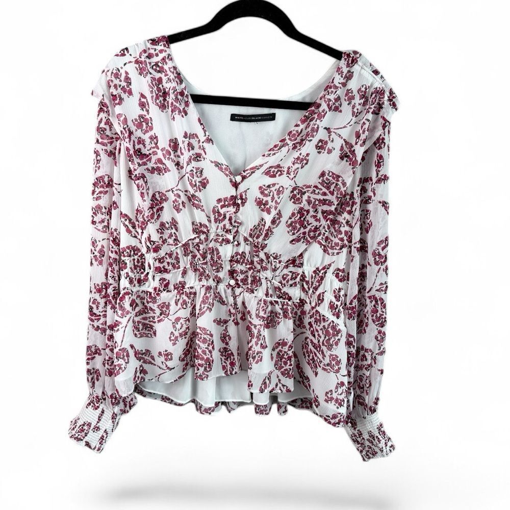 White House Black Market White & Red Floral V-Neck Peplum Blouse - Picture 2 of 7